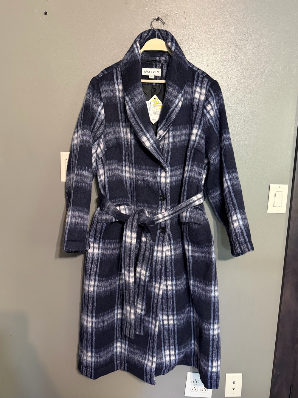 NWT Ava & Viv Navy Blue Plaid Belted Long Wrap Coat Plus Size 3X